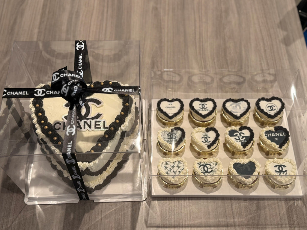 Red Velvet Heart-shaped cakes with Chanel logo. 