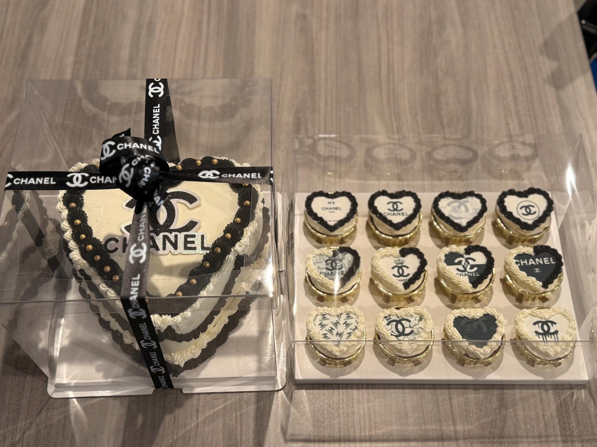 Red Velvet Heart-shaped cakes with Chanel logo. 